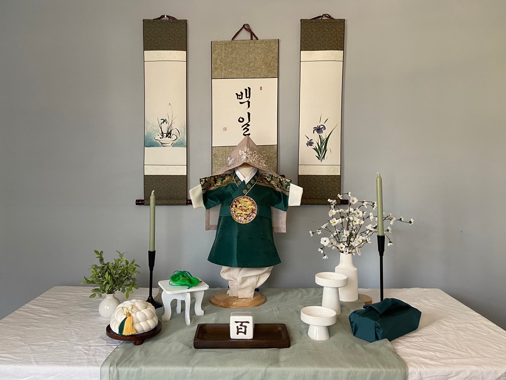 Korean First Birthday Dol Table | Hanbok Rental | Elegant Celebration Setup | First Birthday Backdrop | 100 Days Baek-il Banner