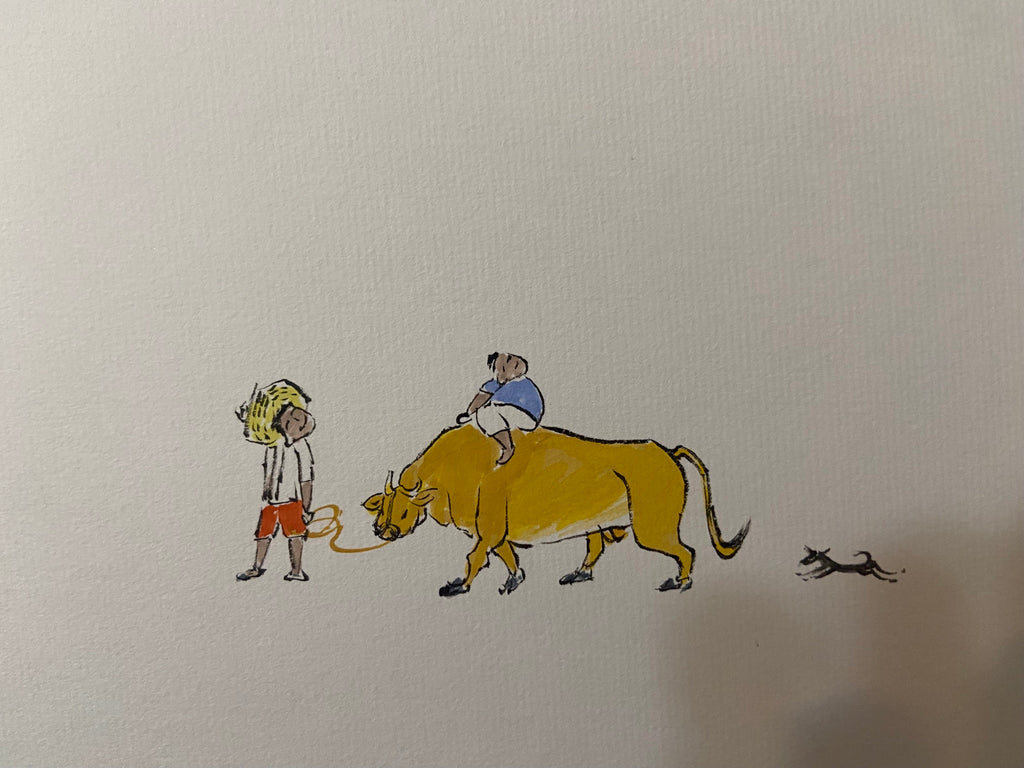 Boy with Ox, Cherry Blossom Village, Korean Minimalist Watercolor Painting, Asian Ink Art Spring Nature Scene, Ink painting, Calligraphy Art