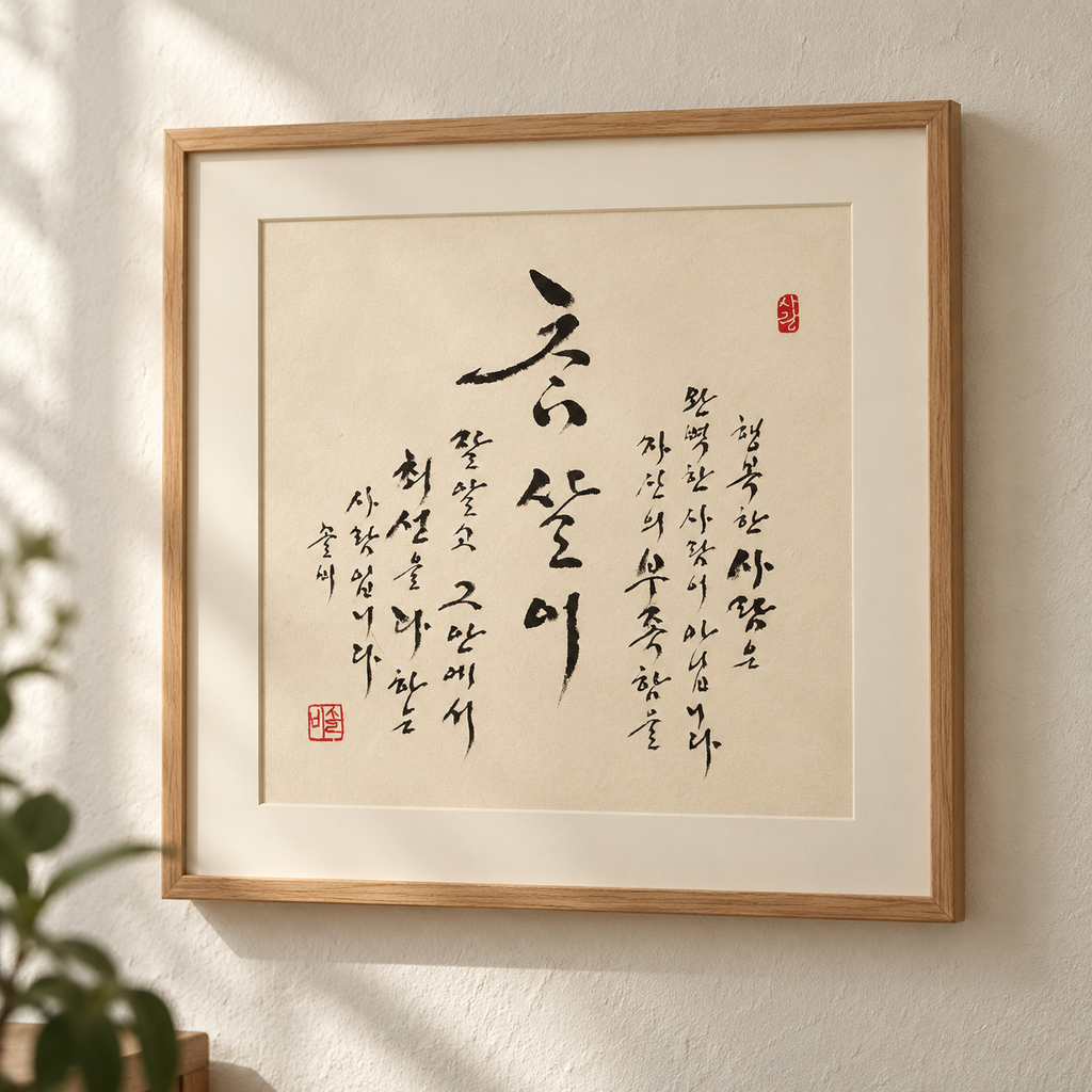 Cham-sari | 참살이 | Original Korean Calligraphy Wall Art | The Art of Living Well | Traditional Silk Scroll