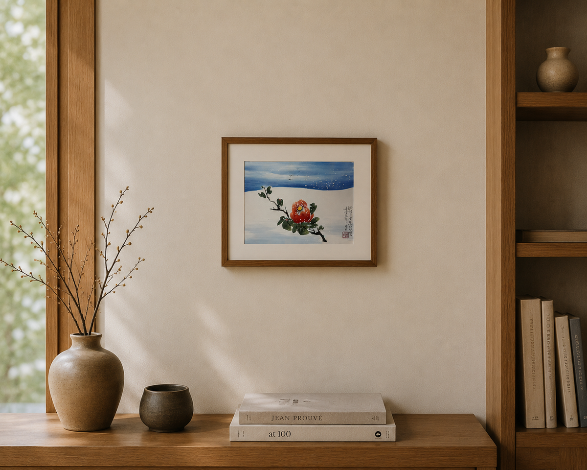 Snowy Red Camellia Painting, Winter Flower Ink and Watercolor Art, Peaceful Floral Wall Decor, Korean folk painting, Korean Wall Decoration