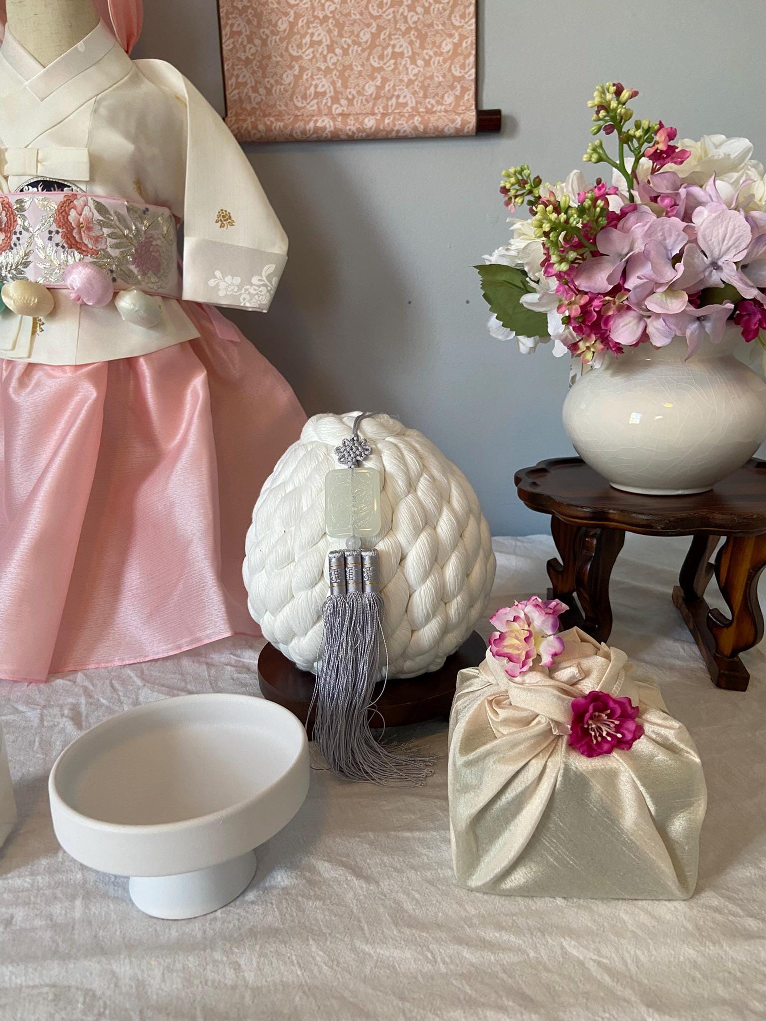 Korean Doljanchi Table Rental with Moon Jar | Dal Hangari | First Birthday Dol Table Setup | Traditional Korean Decor | Pink Theme | FREE SHIPPING