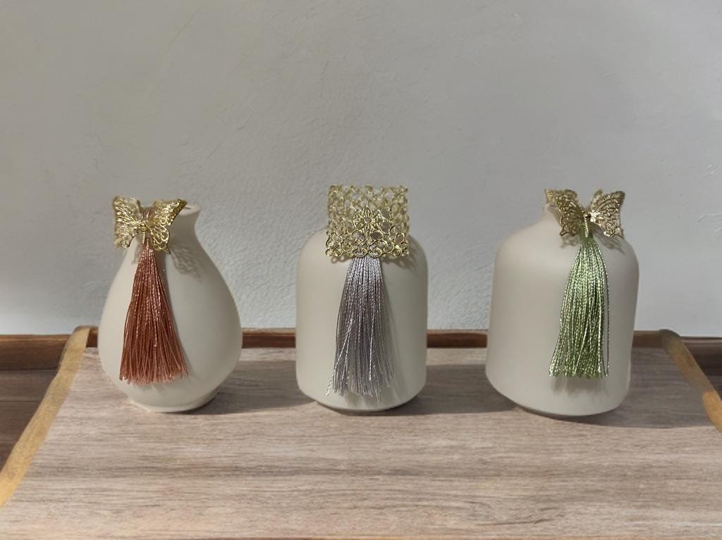 Mini White Ceramic Vase Set: Korean Table Decor with Tassels