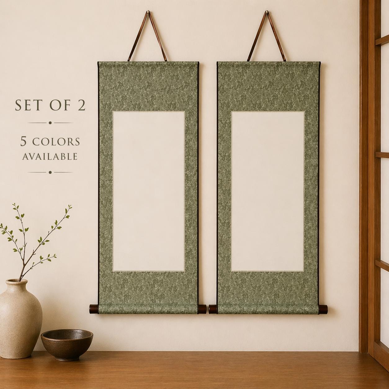 Set of 2 Blank Hanging Scroll | Asian Calligraphy Scroll | Minimal Wall Decor | Chinese Japanese Korean Art Paper Mount | 5 Colors Available