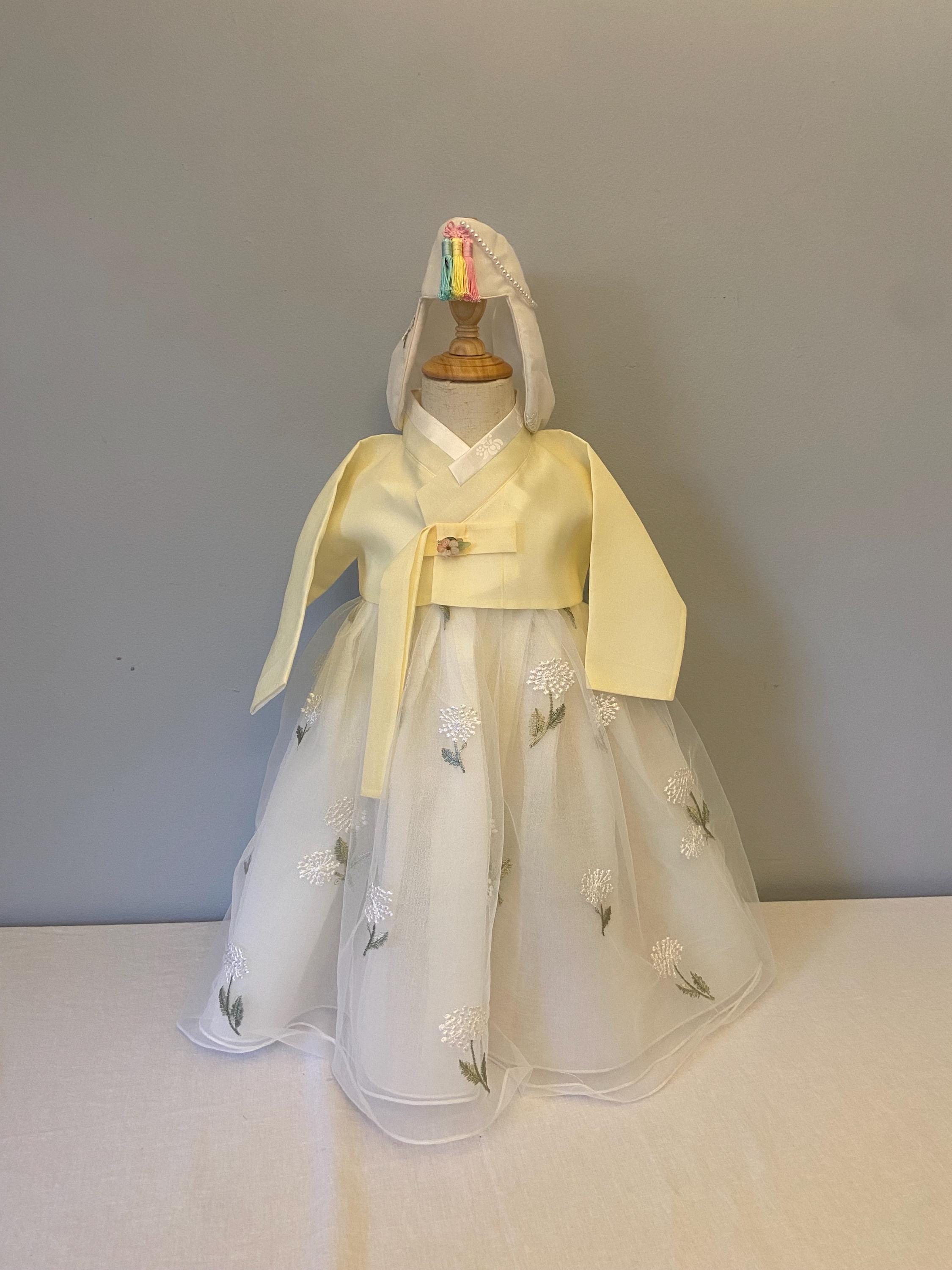 Girl G Hanbok Rental | Yellow & Ivory Dol Hanbok Set | Baby Girl Doljanchi Hanbok | Floral Embroidered Traditional Korean Dress | Size 1