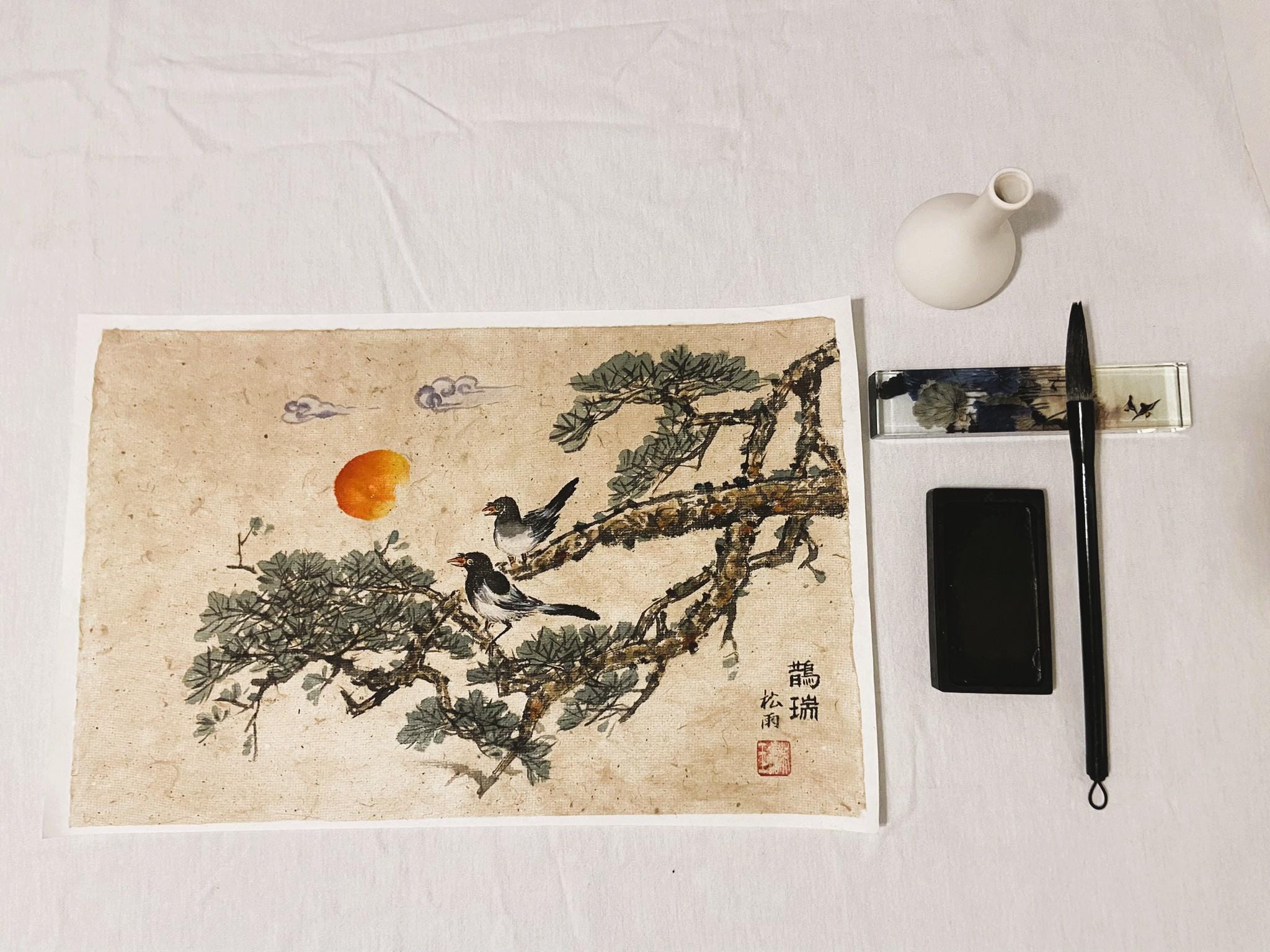 Korean traditional art, Korean folk painting, Korean Traditional landscape painting, Korea wall decor, Minhwa, Unique Gift, Bird & Pine Tree