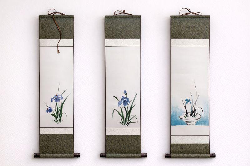 Asian Hanging Scroll Wall Art | Floral Ink Painting Artwork | Japanese Iris | Zen Decor | Vertical Scroll | Korean Calligraphy