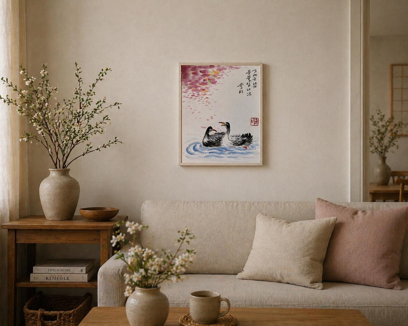 Korean Love Birds Wall Art – Cherry Blossom Painting – Romantic Calligraphy Art – Spring Couple Decor – Korean Ink Artwork – 8x10 Frame