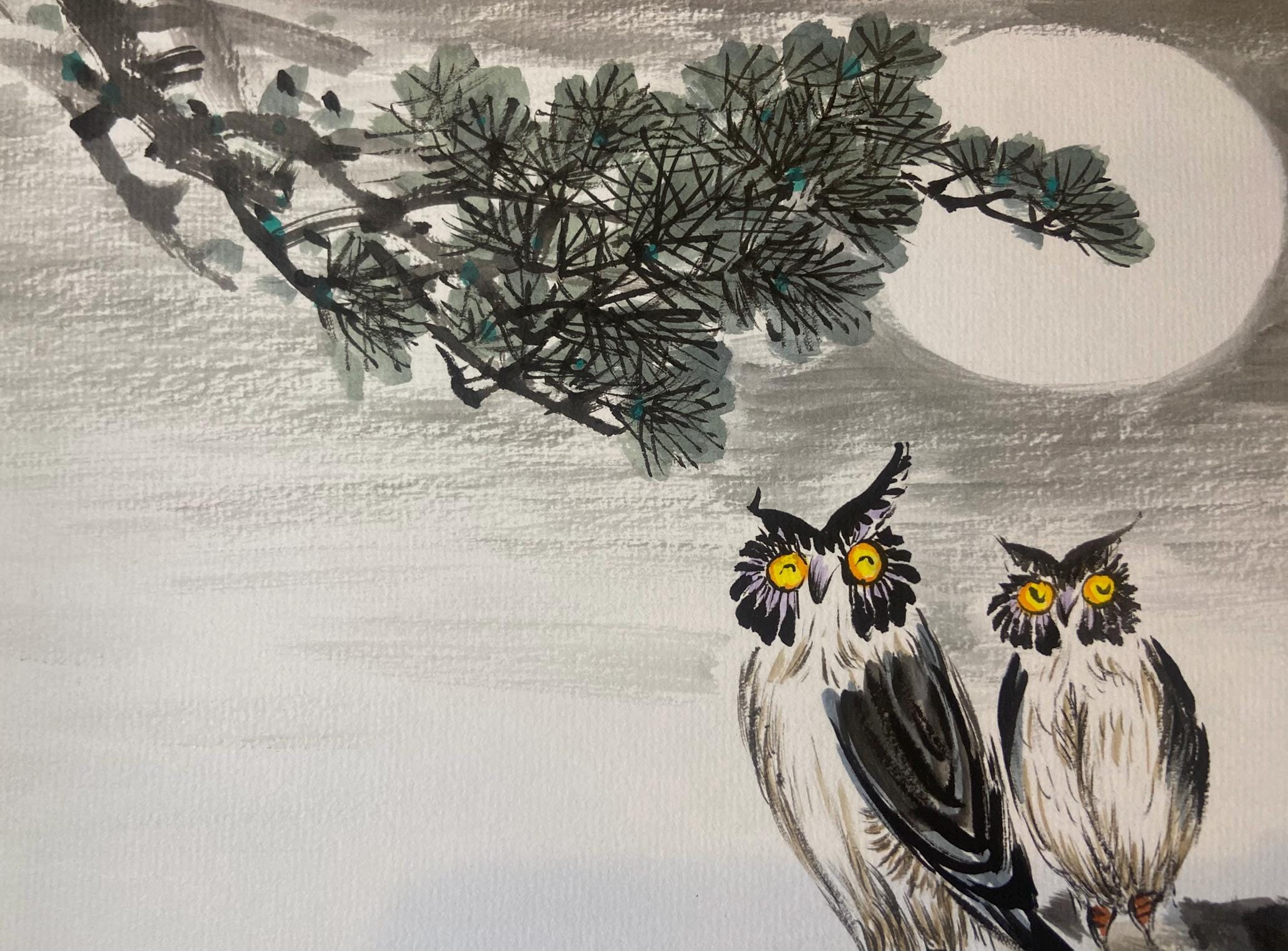 Hand drawing Korean traditional art, Original Korean Watercolor Painting, Owls under the Moonlight Pine Tree, Traditional Asian Ink Wash Art