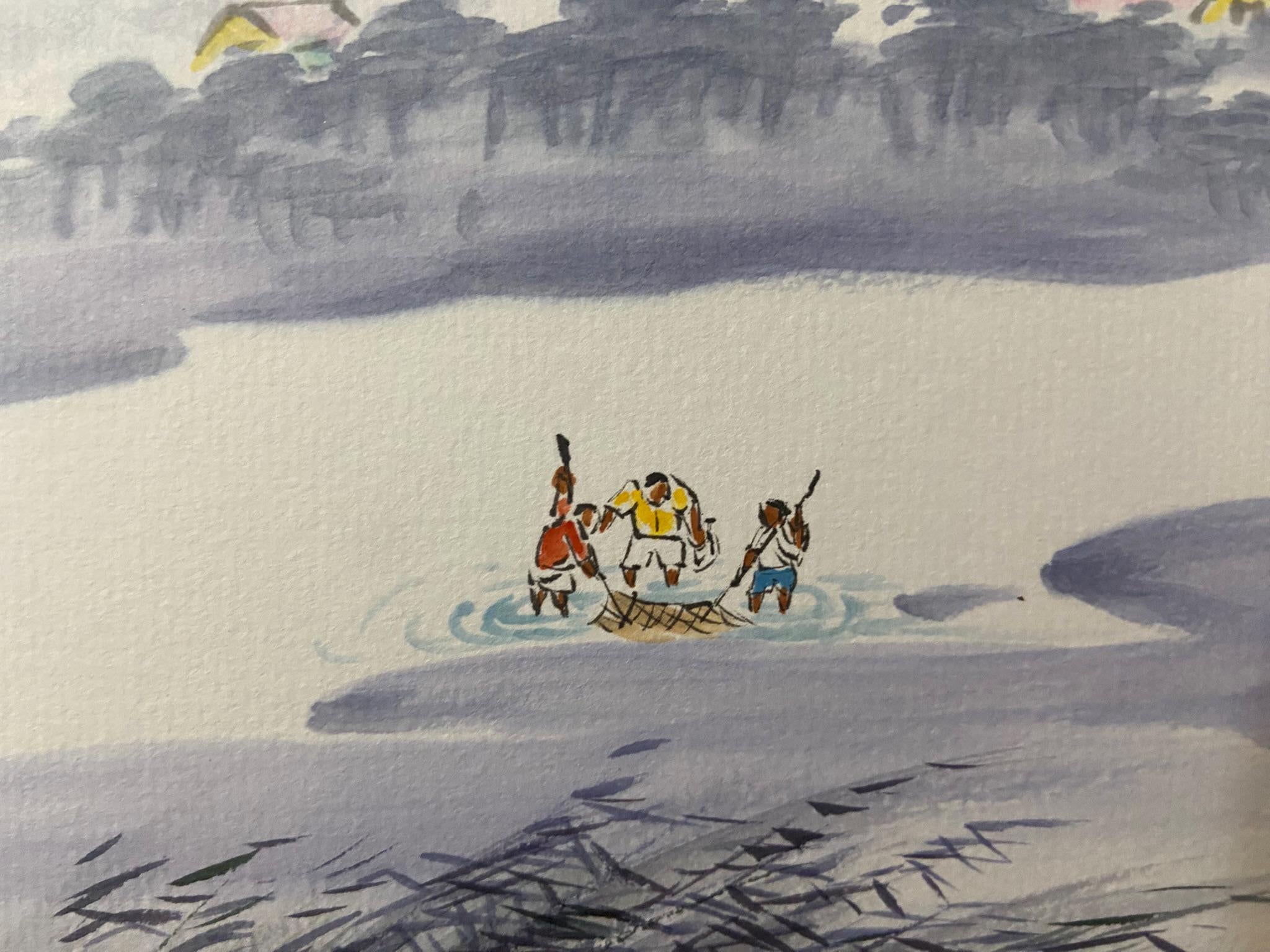 Fishermen, Mountain Village, Nature Scene, Original Asian Art, Korean Watercolor Landscape, Traditional Korean ink painting, Calligraphy Art