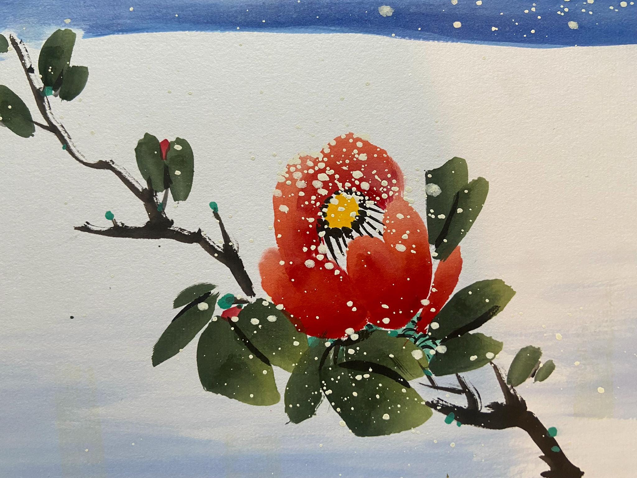 Snowy Red Camellia Painting, Winter Flower Ink and Watercolor Art, Peaceful Floral Wall Decor, Korean folk painting, Korean Wall Decoration