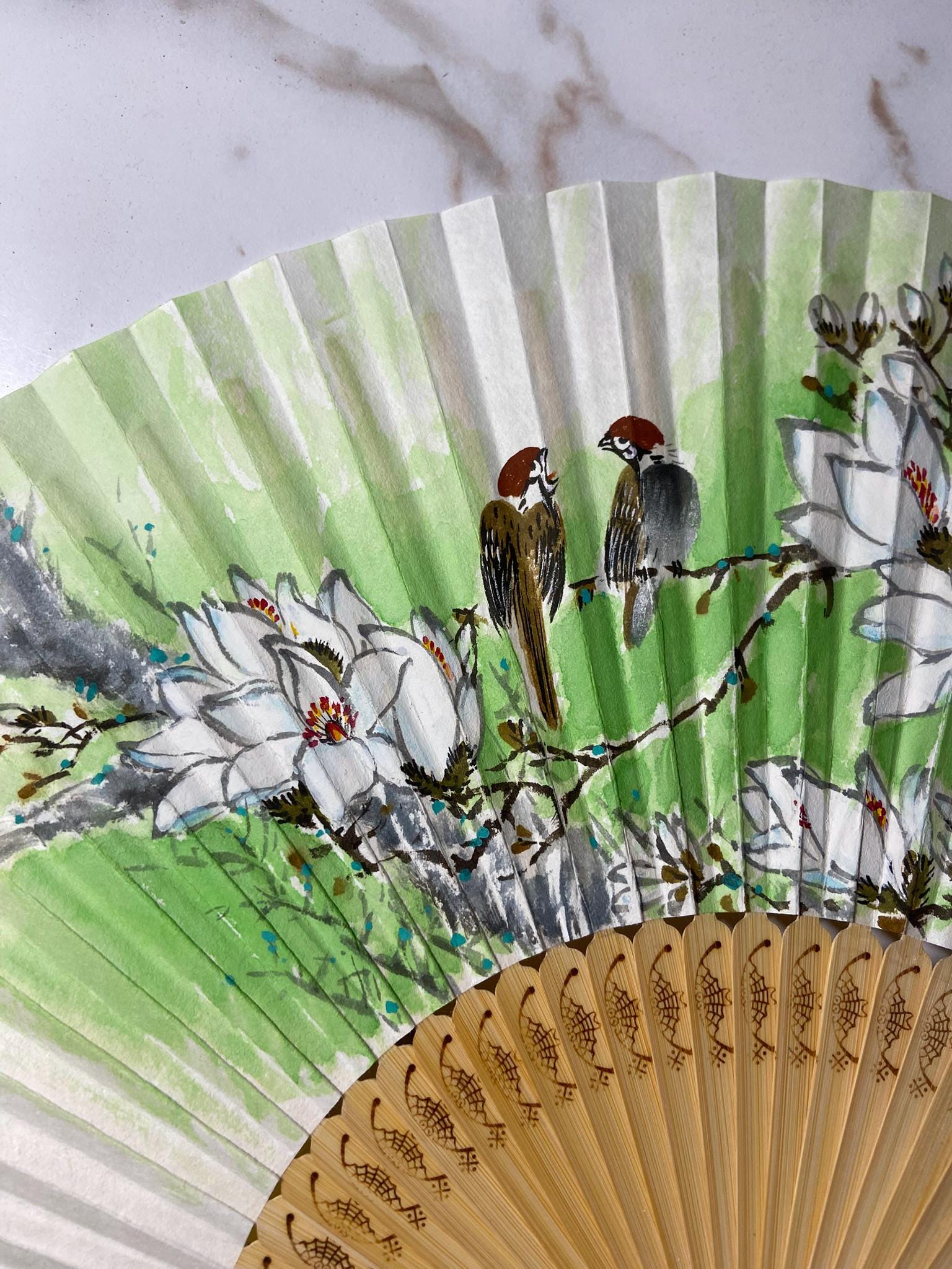 Korean Traditional Folding Fan, Hand Painted Magnolia Fan, Korean Calligraphy Art Fan, Asian Wall Decor, Handmade Gift