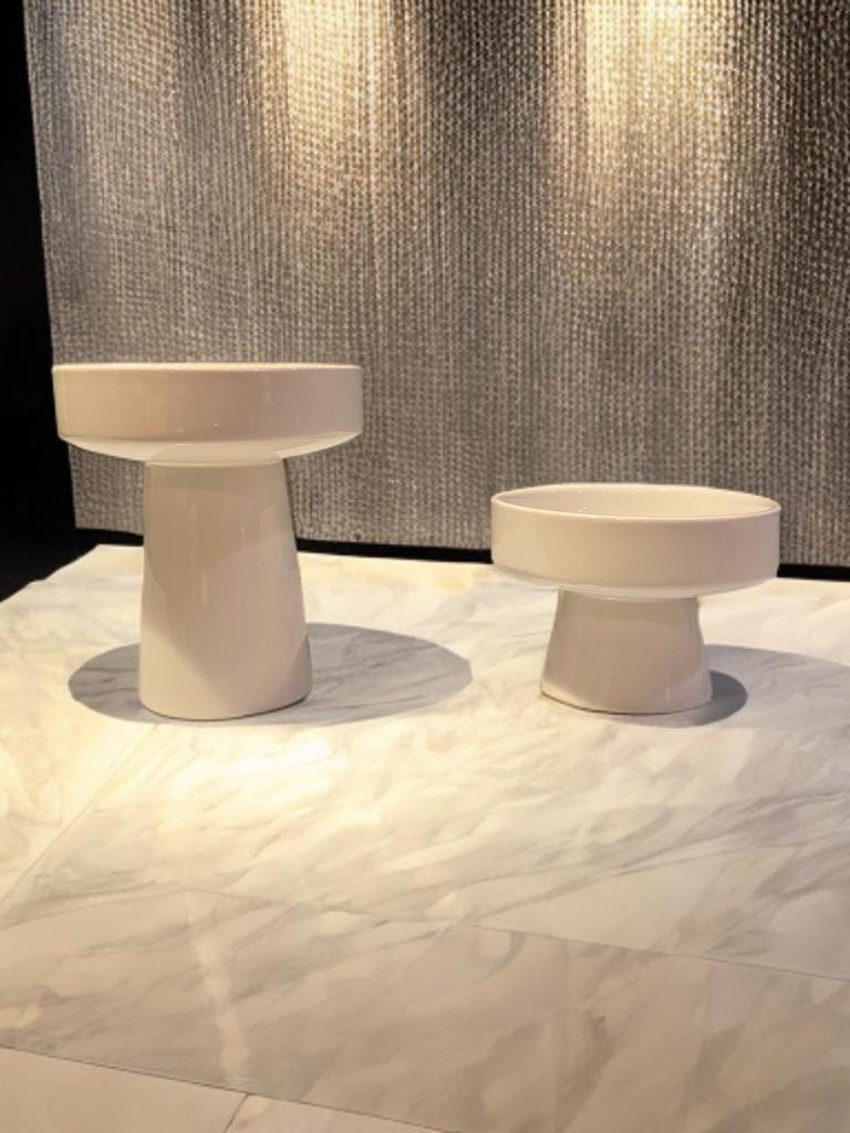 Glossy White Ceramic Pedestal Bowls Set of 2, Korean Doljanchi Dol Tableware, Modern Party Display Dishes, Dessert, Fruit, and Snack Stands