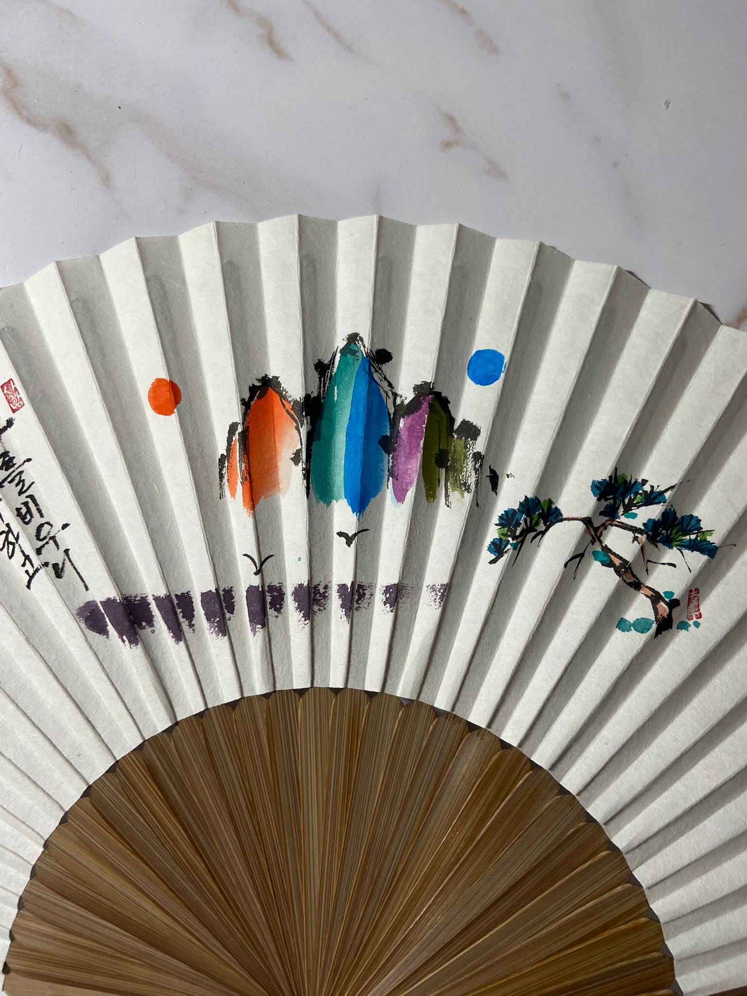Hand-Painted Korean Folding Fan: Mountain Landscape, Calligraphy & Tassel