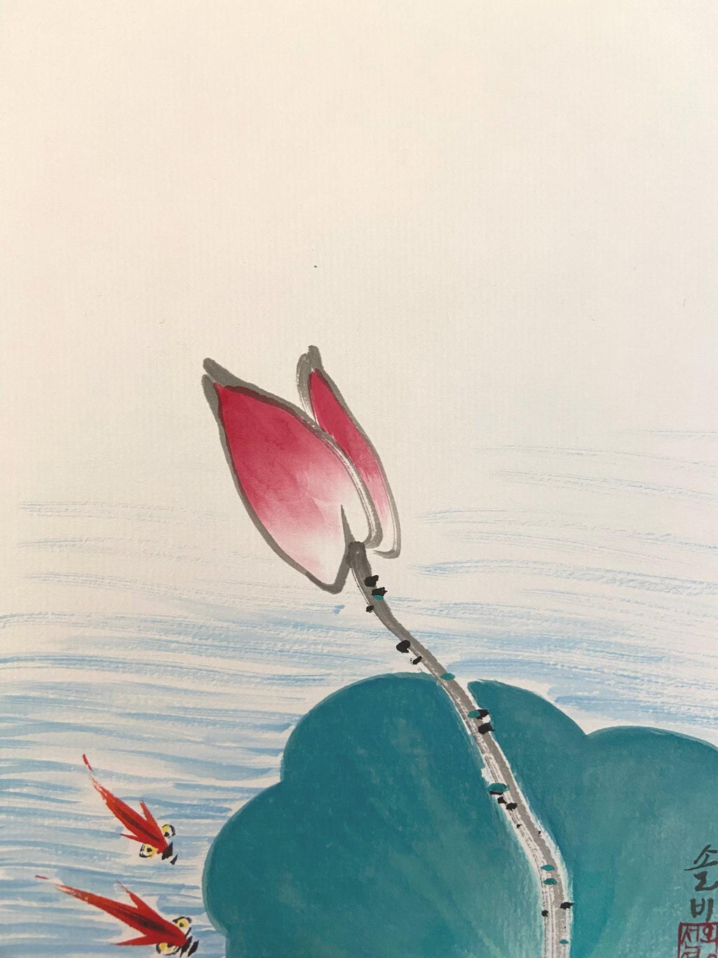 Korean Lotus Painting | Minimal Floral Wall Art | 8x10 Framed Art | Asian Ink Painting | Koi Fish Art | Zen Home Decor | Handmade Artwork