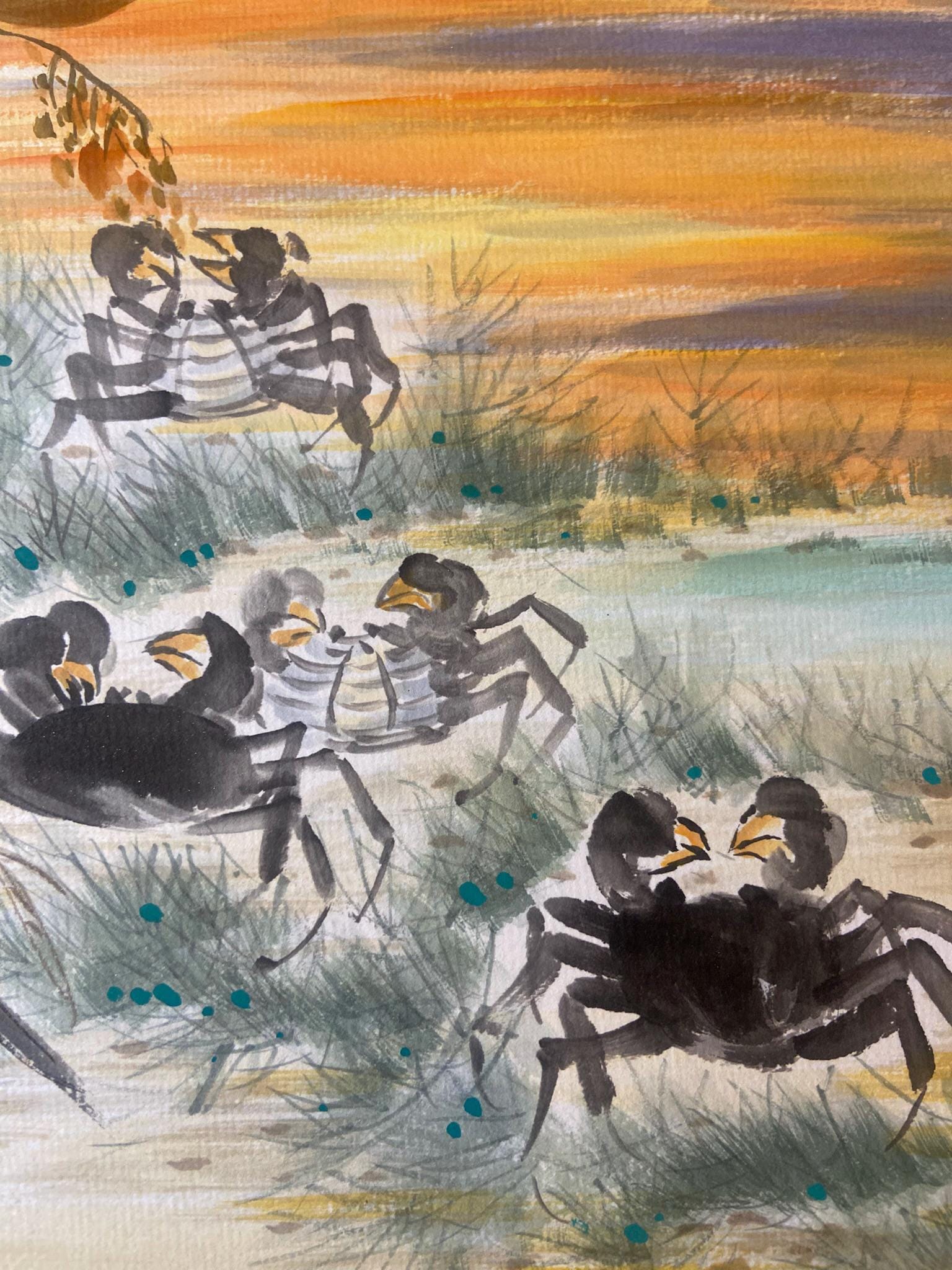 Korean traditional art, Korean folk painting, Traditional Asian Ink Wash Art, Korea wall decor, Crabs at Sunset with Bamboo Wildflowers