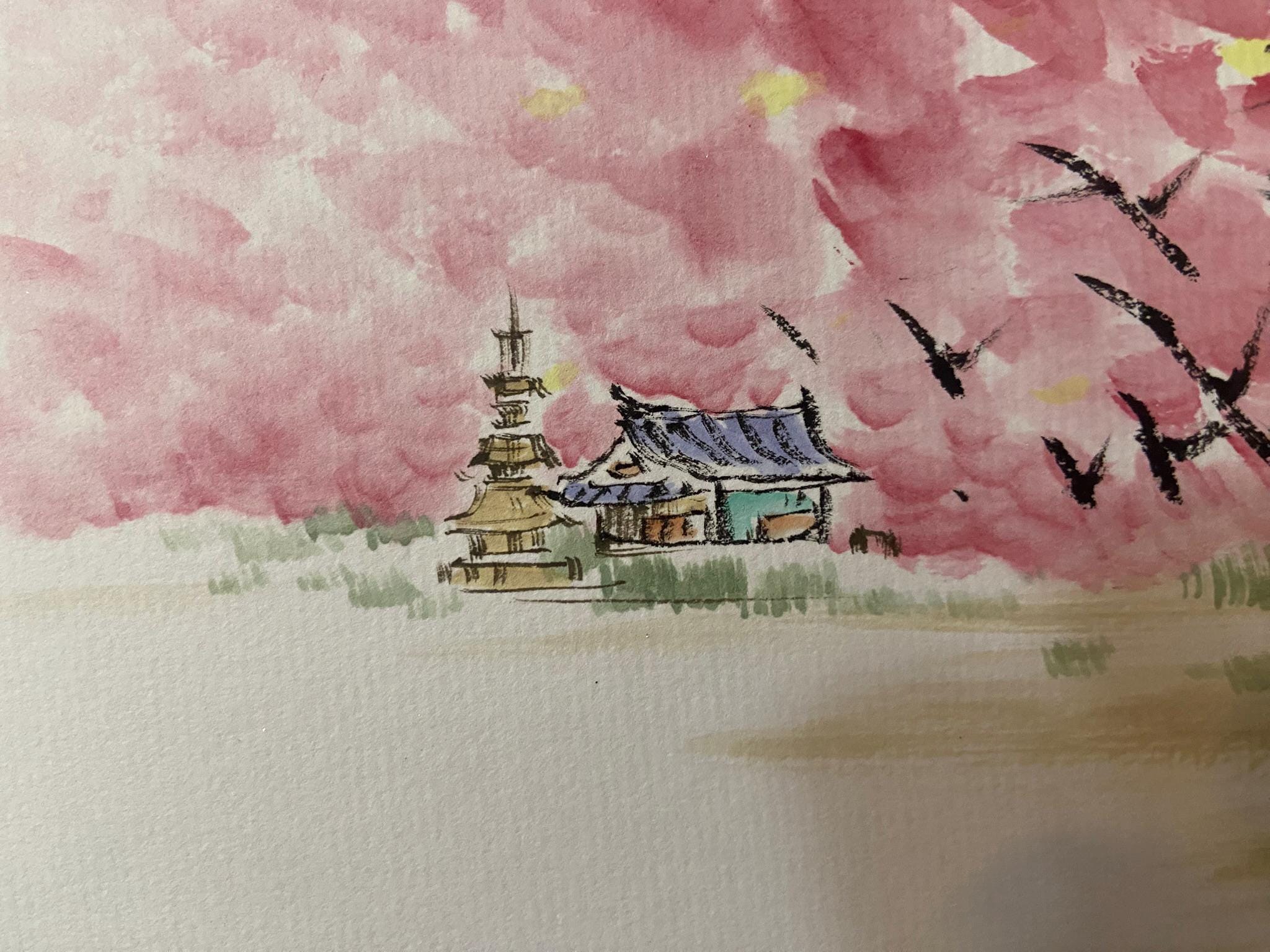 Boy with Ox, Cherry Blossom Village, Korean Minimalist Watercolor Painting, Asian Ink Art Spring Nature Scene, Ink painting, Calligraphy Art