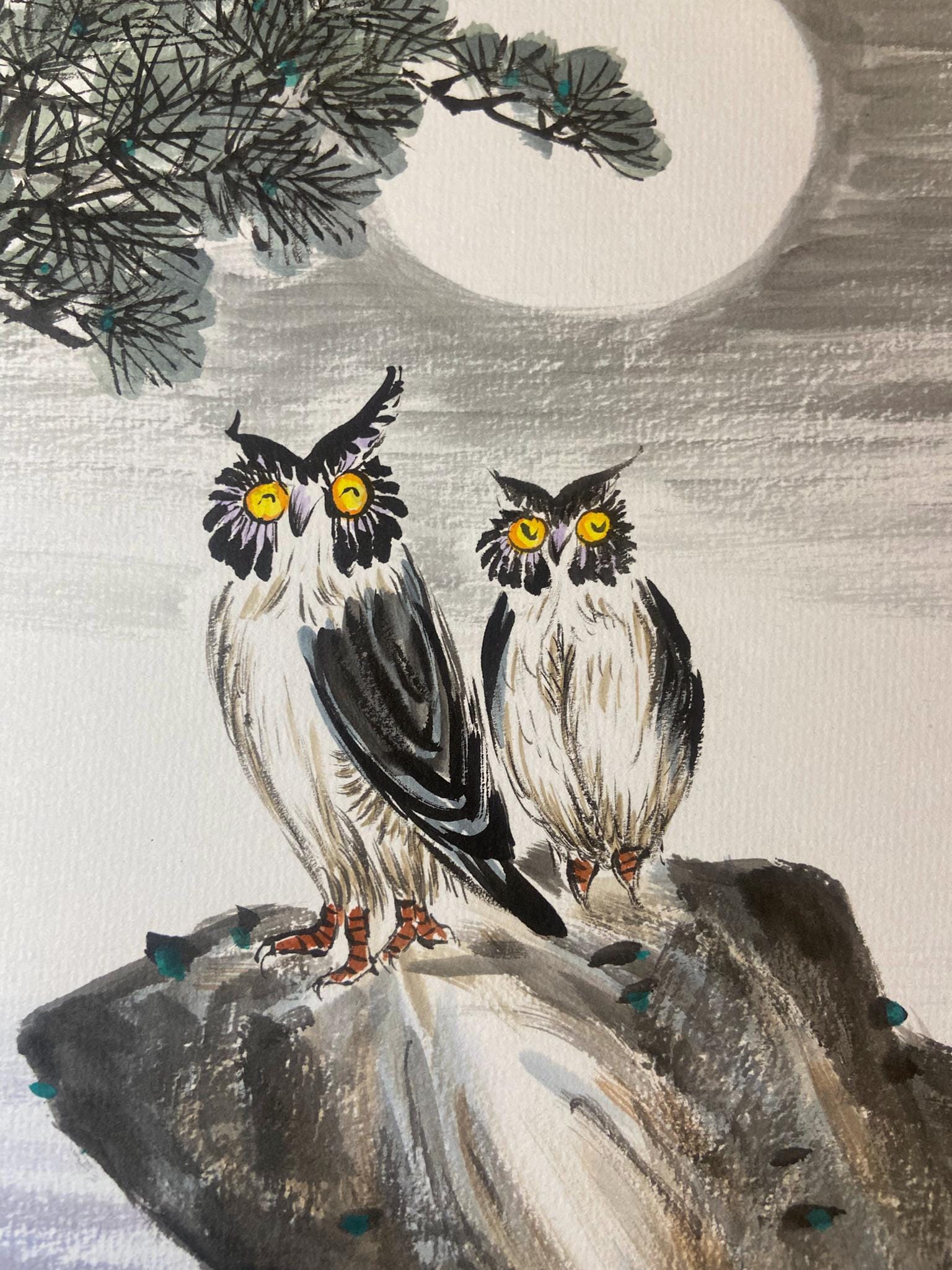 Hand drawing Korean traditional art, Original Korean Watercolor Painting, Owls under the Moonlight Pine Tree, Traditional Asian Ink Wash Art