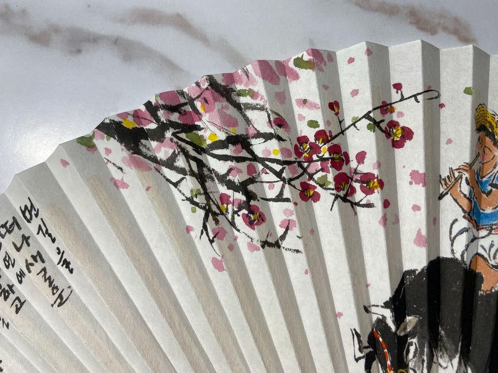 Korean Traditional Folding Fan, Hand Painted Ox & Farmer Art Fan, Korean Calligraphy Fan, Asian Wall Decor, Handmade Gift