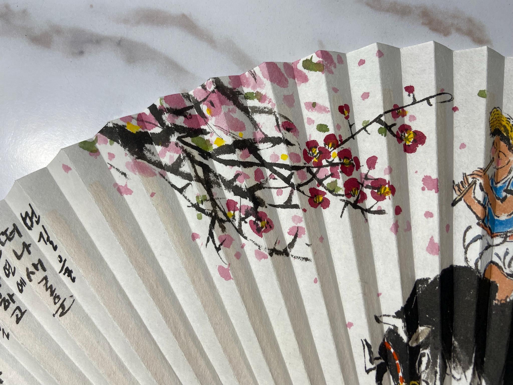 Korean Traditional Folding Fan, Hand Painted Ox & Farmer Art Fan, Korean Calligraphy Fan, Asian Wall Decor, Handmade Gift