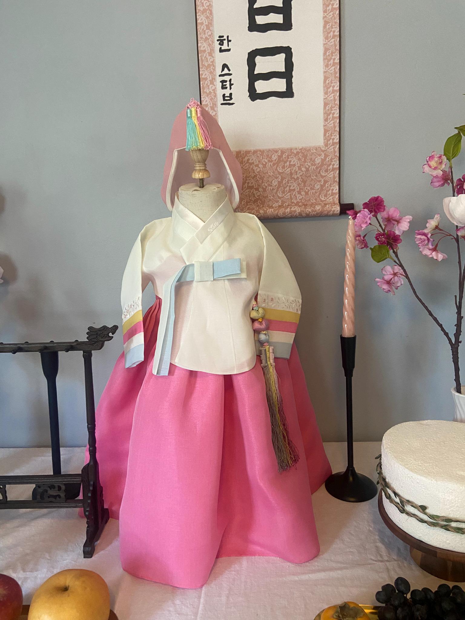 Girl J Hanbok Rental | Pink & Ivory Dol Hanbok | Korean Baby Girl 1st Birthday Outfit | Traditional Doljanchi Korean Dress | Size 1