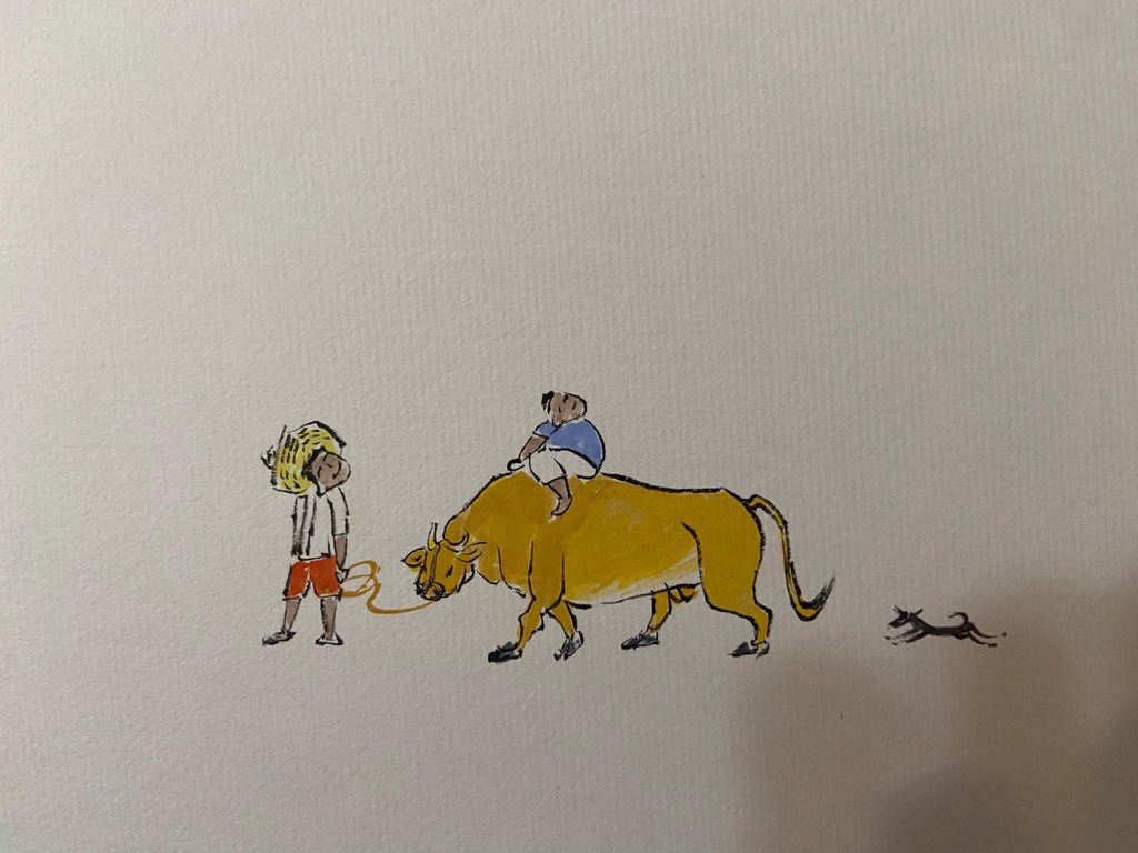 Boy with Ox, Cherry Blossom Village, Korean Minimalist Watercolor Painting, Asian Ink Art Spring Nature Scene, Ink painting, Calligraphy Art
