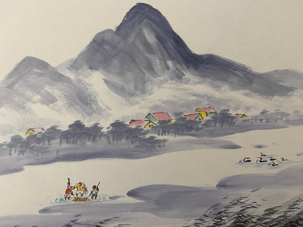 Fishermen, Mountain Village, Nature Scene, Original Asian Art, Korean Watercolor Landscape, Traditional Korean ink painting, Calligraphy Art