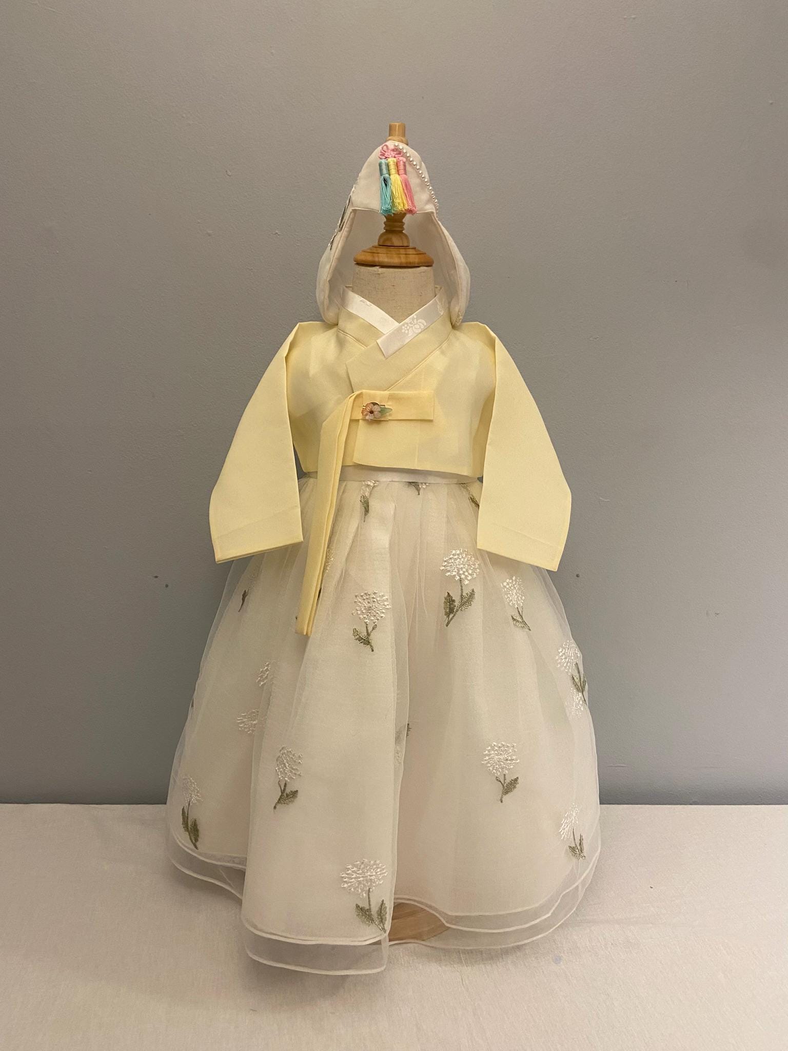 Girl G Hanbok Rental | Yellow & Ivory Dol Hanbok Set | Baby Girl Doljanchi Hanbok | Floral Embroidered Traditional Korean Dress | Size 1
