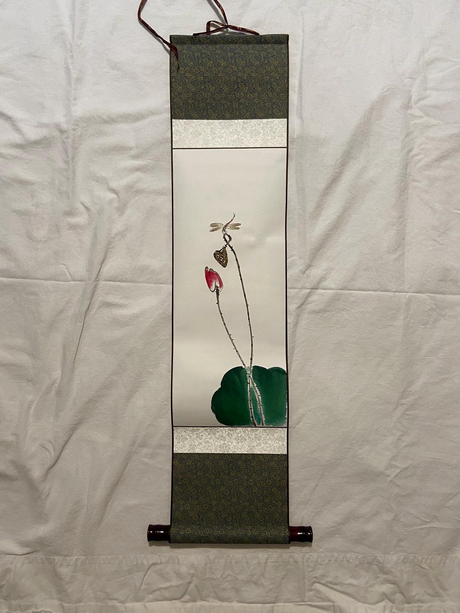 Traditional Korean Hanging Scroll Set | Lotus | Moonlit |Cricket | Pond | Little Birds | Hand-Painted Asian Wall Art | Minimal Home Decor