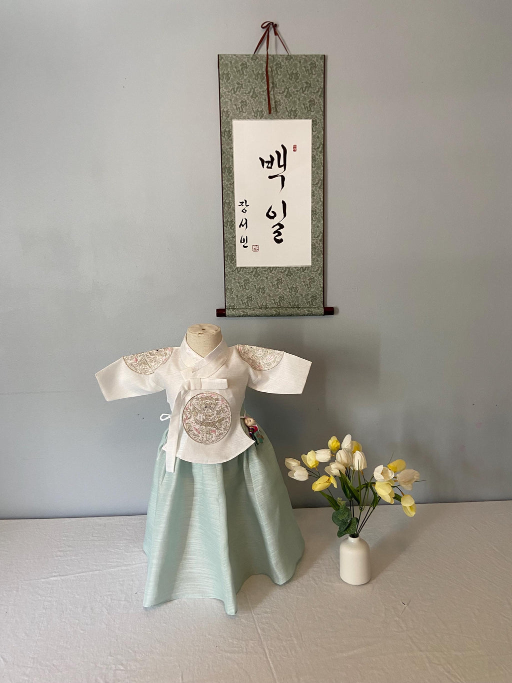 Girl A Hanbok Rental | Mint & Ivory 100 Days Hanbok | Korean Girl Baekil Outfit | Elegant Traditional Korean Dress | Baekil Sign | Size 100