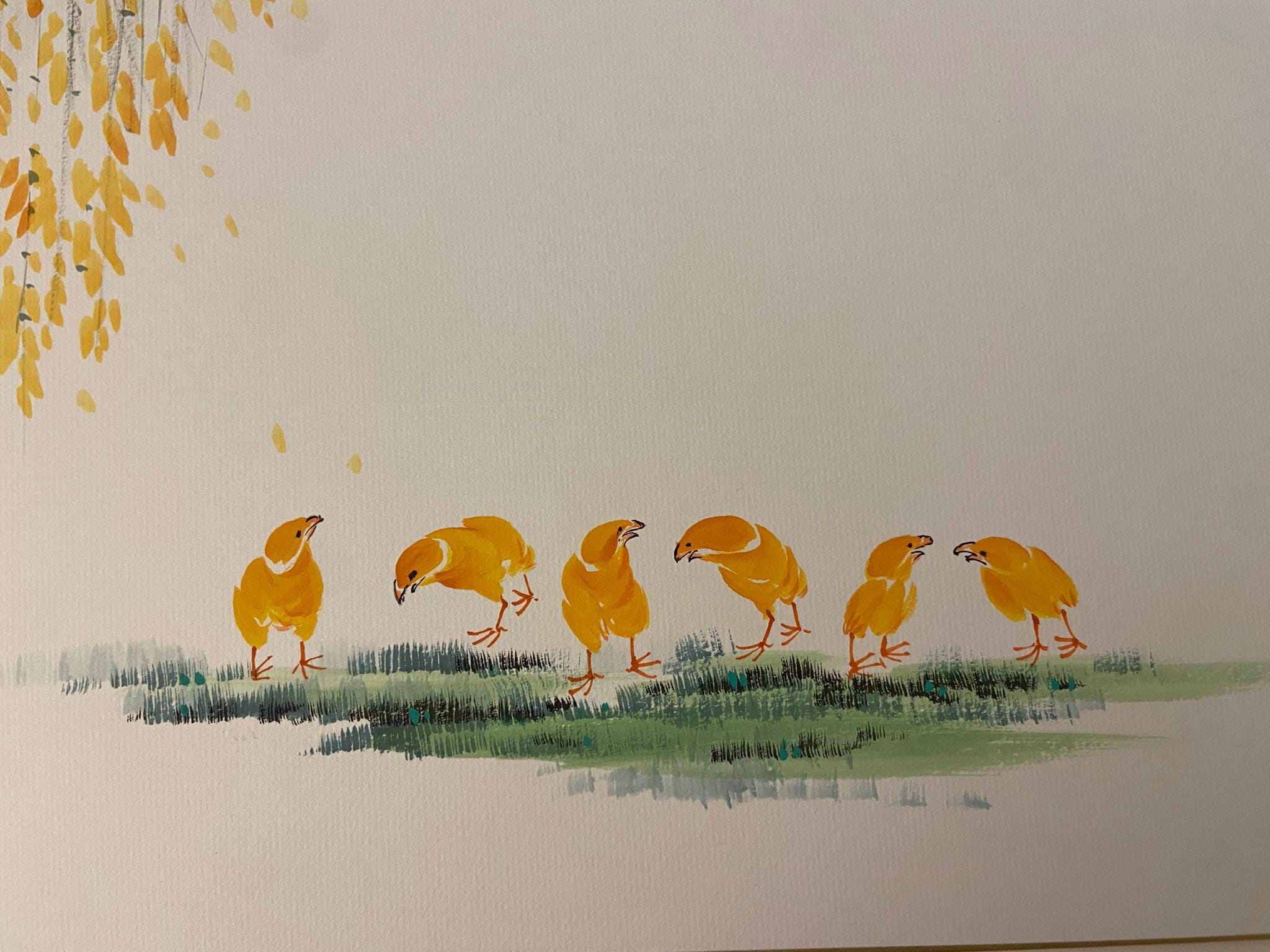 Large Original Nursery Wall Art (16x12.5 in), Baby Chicks Watercolor Painting, Korean Calligraphy Artwork, One of a Kind Kids Room Decor