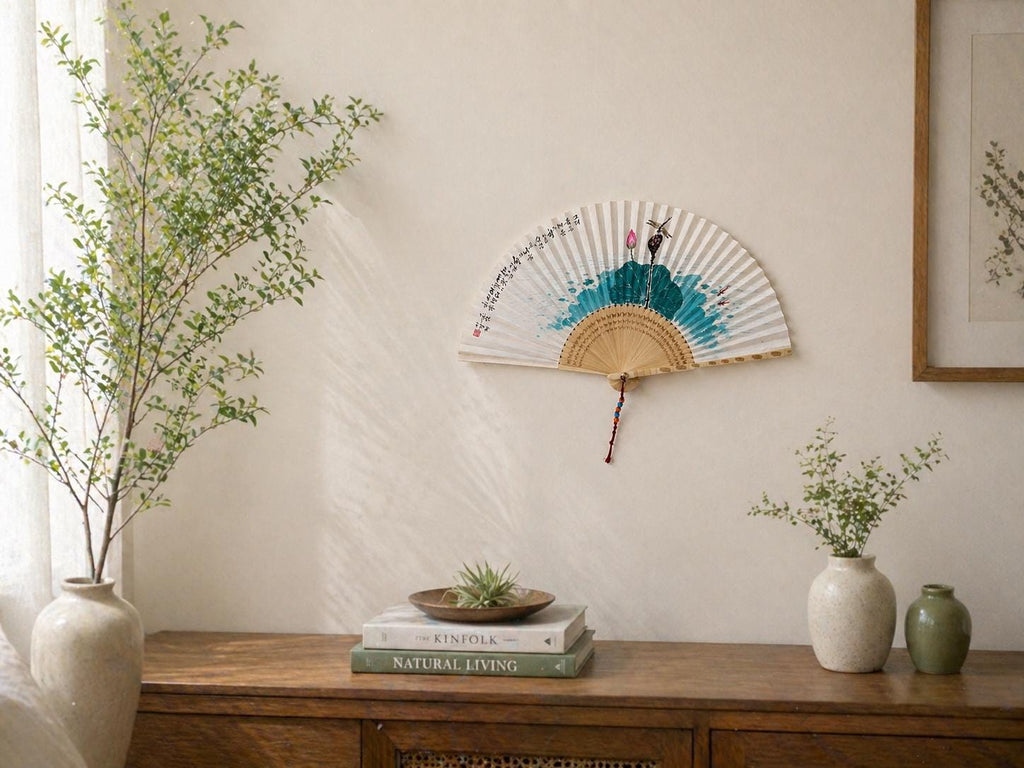 Korean Lotus Folding Fan, Hand Painted Lotus & Dragonfly Fan, Korean Calligraphy Art, Zen Wall Decor, Zen Art Gift
