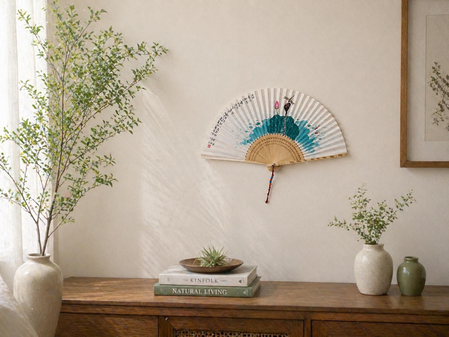 Korean Lotus Folding Fan, Hand Painted Lotus & Dragonfly Fan, Korean Calligraphy Art, Zen Wall Decor, Zen Art Gift