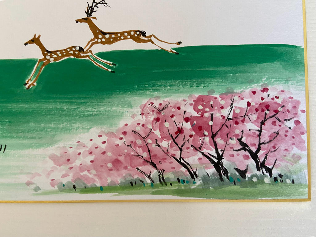 Korean Ink Painting, Deer Cherry Blossom Landscape, Asian Calligraphy Artwork, Poetic Home Decor