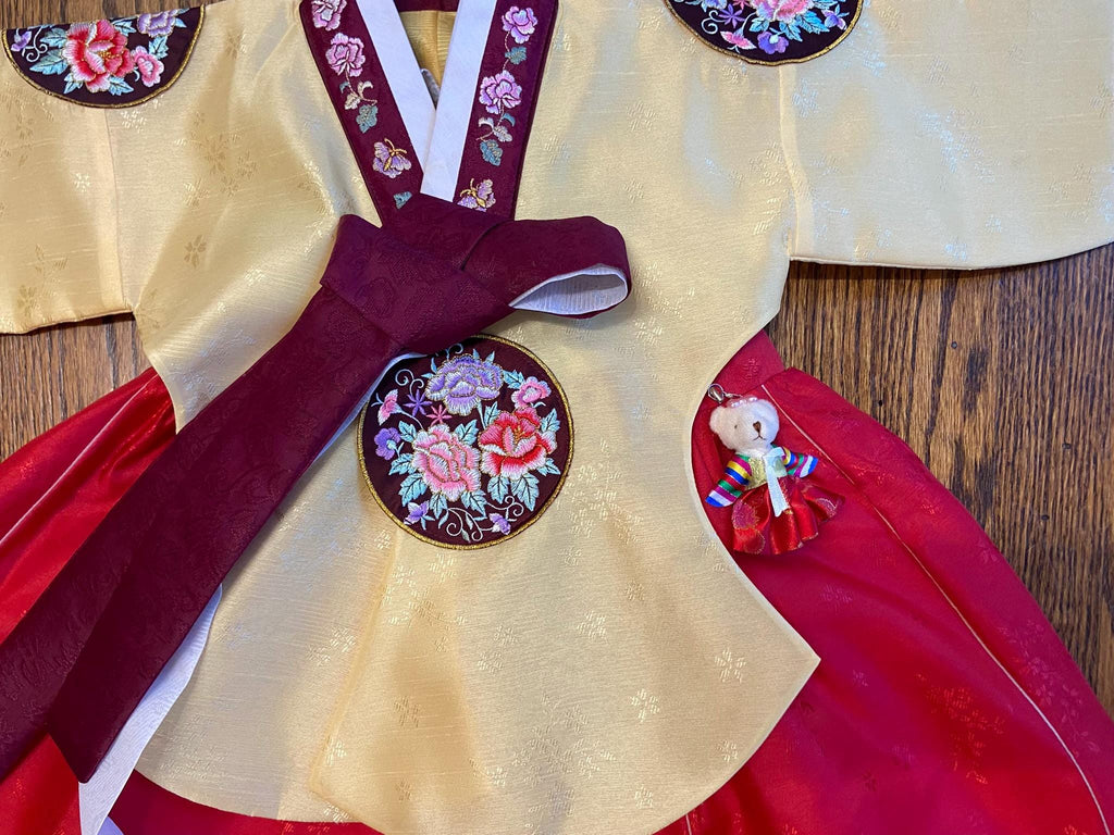 Girl T Hanbok Rental | Gold & Burgundy 1st Birthday Hanbok | Korean Baby Girl Doljanchi Dress | Elegant Traditional Hanbok Full Set | Size 2