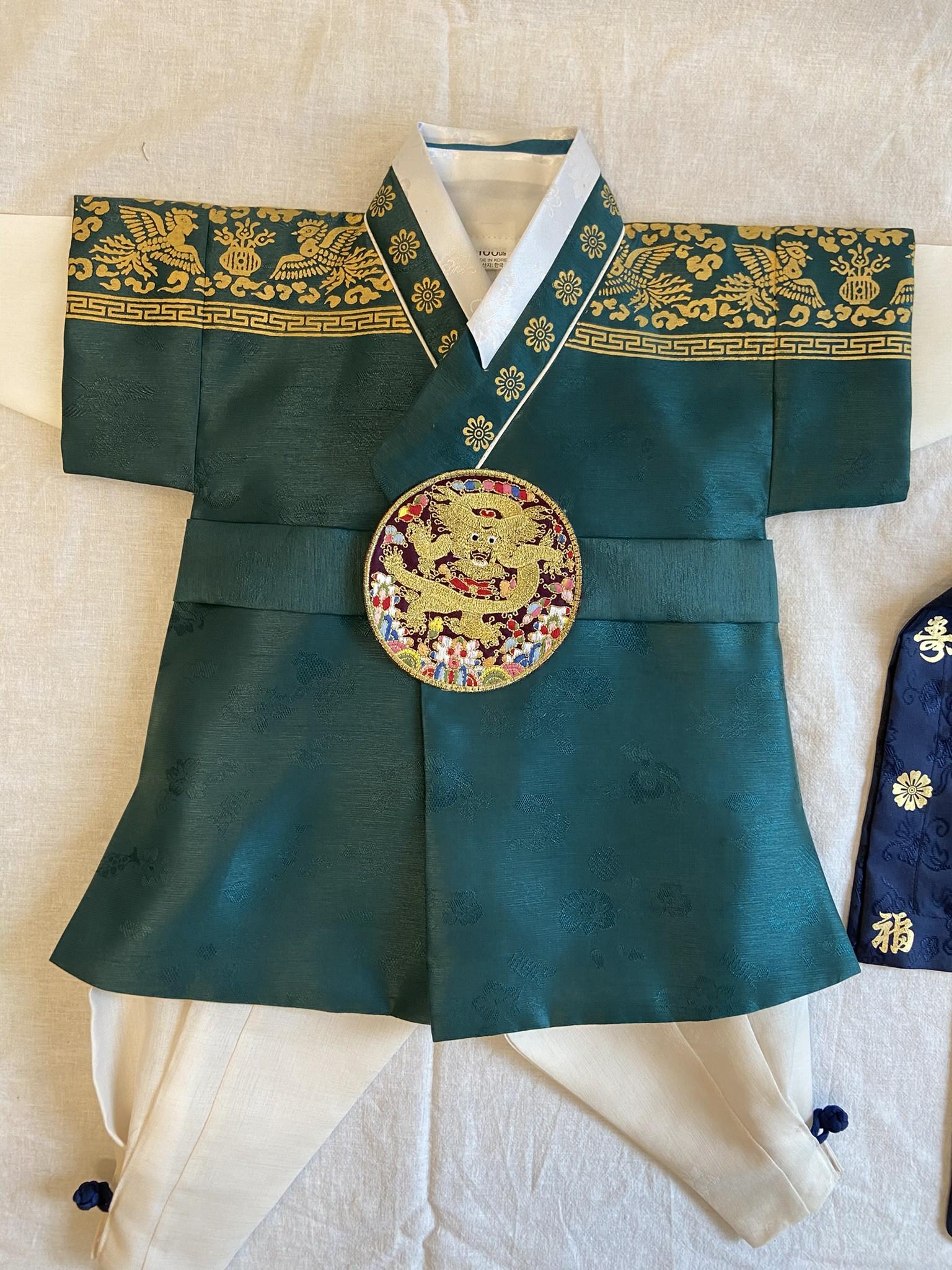 Boy G Hanbok Rental | Green & Gold 100 Days Outfit | Baby Boy Baekil Hanbok | Royal Traditional Hanbok Rental | Boy Hanbok Set | Size 0