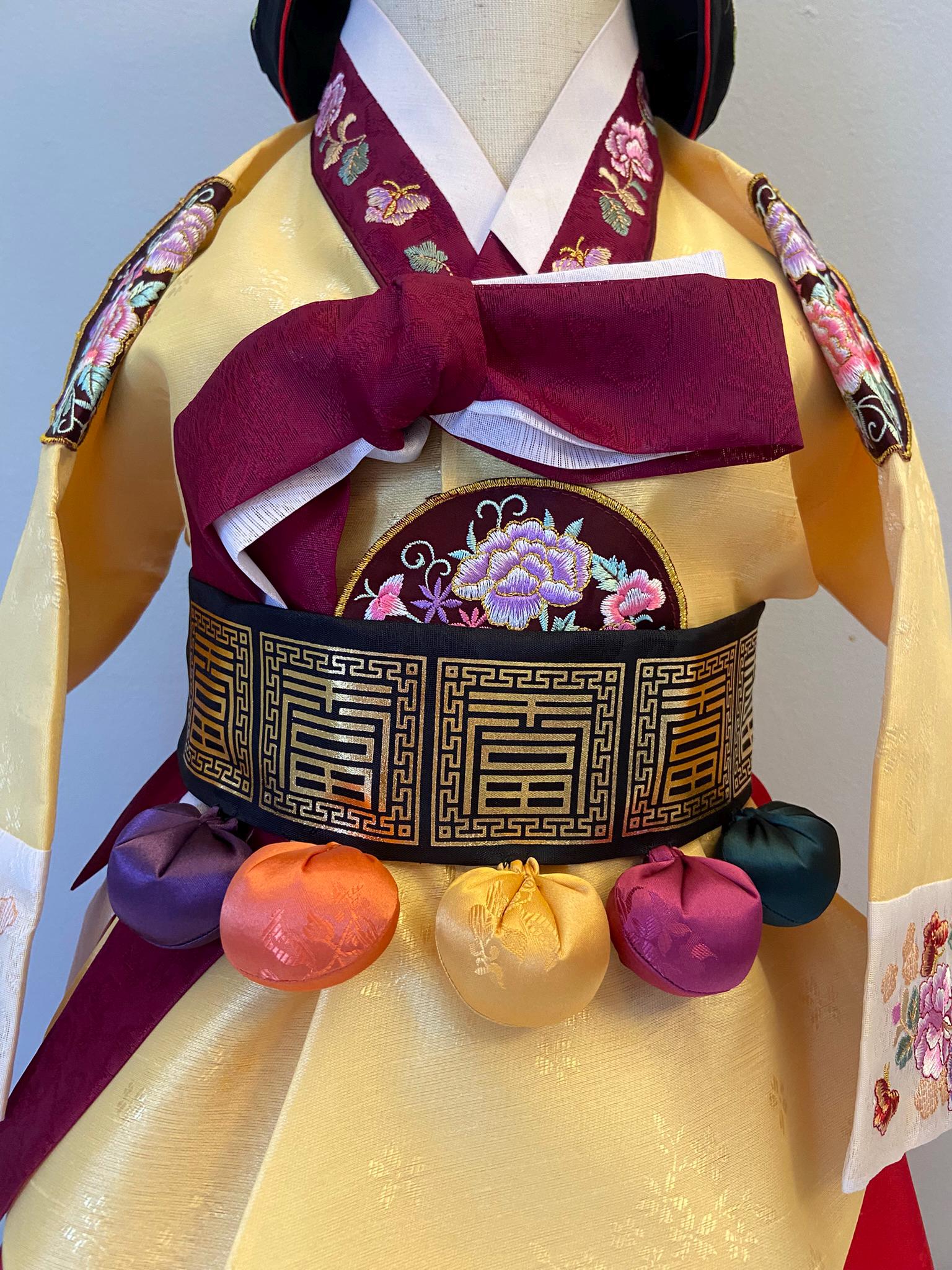 Girl T Hanbok Rental | Gold & Burgundy 1st Birthday Hanbok | Korean Baby Girl Doljanchi Dress | Elegant Traditional Hanbok Full Set | Size 2
