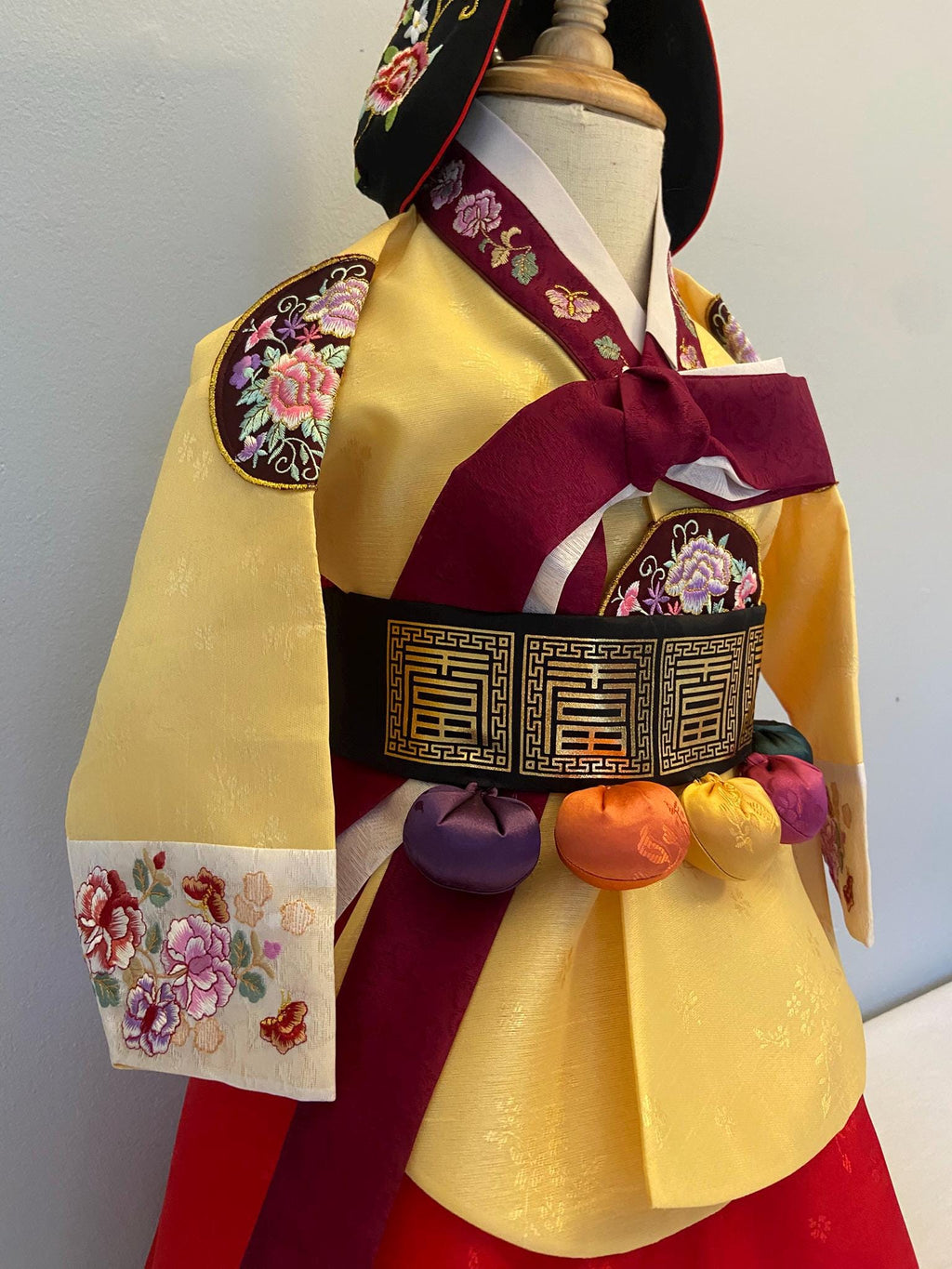 Girl T Hanbok Rental | Gold & Burgundy 1st Birthday Hanbok | Korean Baby Girl Doljanchi Dress | Elegant Traditional Hanbok Full Set | Size 2