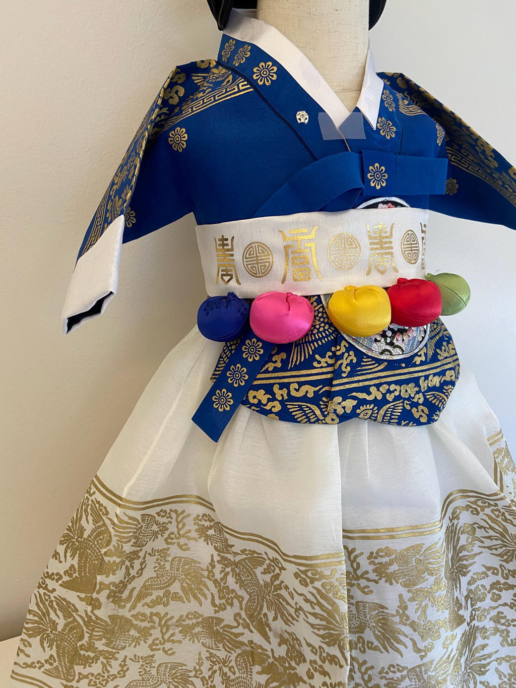 Girl I Hanbok Rental | Royal Blue & Ivory Baekil Hanbok | Traditional Korea Girl Outfit | Luxury Photo Hanbok | Baekil banner | Size 100