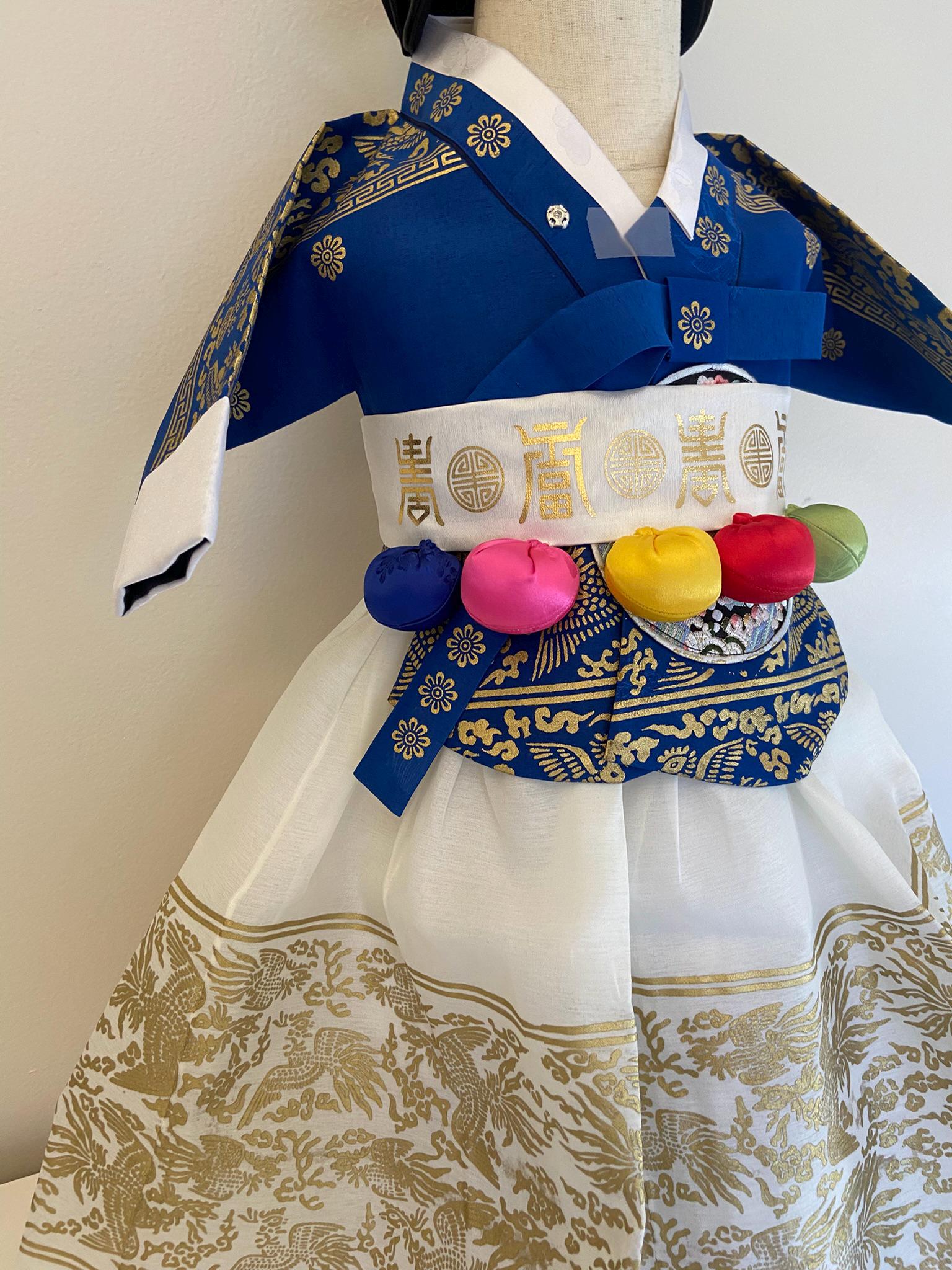 Girl I Hanbok Rental | Royal Blue & Ivory Baekil Hanbok | Traditional Korea Girl Outfit | Luxury Photo Hanbok | Baekil banner | Size 100