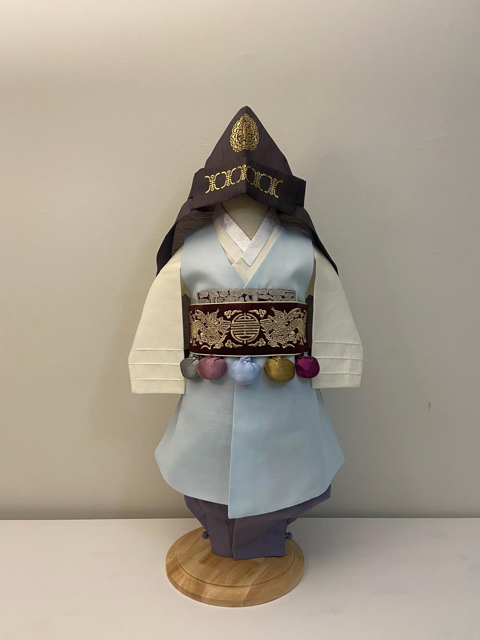 Boy Q Hanbok Rental | Korean Dol Hanbok for Boy | Sky Blue Traditional First Birthday Outfit | Premium Gold Embroidery | Size 1