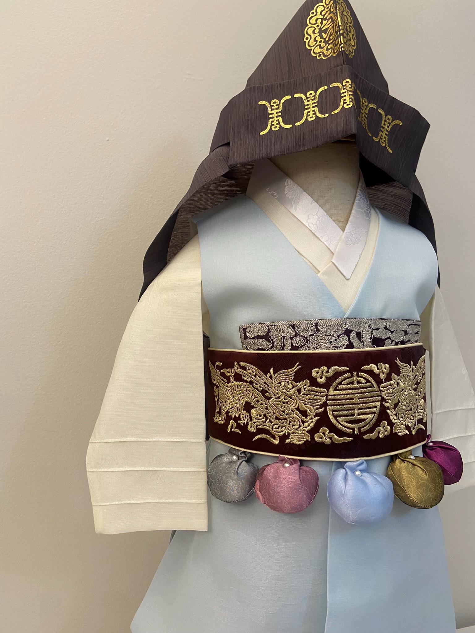 Boy Q Hanbok Rental | Korean Dol Hanbok for Boy | Sky Blue Traditional First Birthday Outfit | Premium Gold Embroidery | Size 1