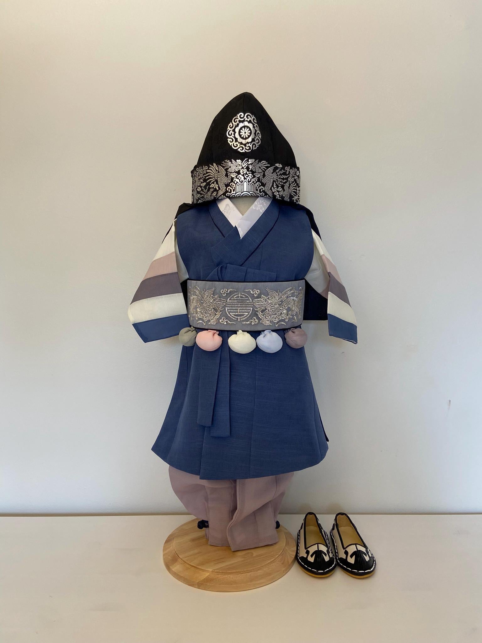 Boy R Hanbok Rental | Navy Dol Outfit with Silver Dragon Belt | First Birthday Dol | Traditional Korean Baby Hanbok Set | Size 1