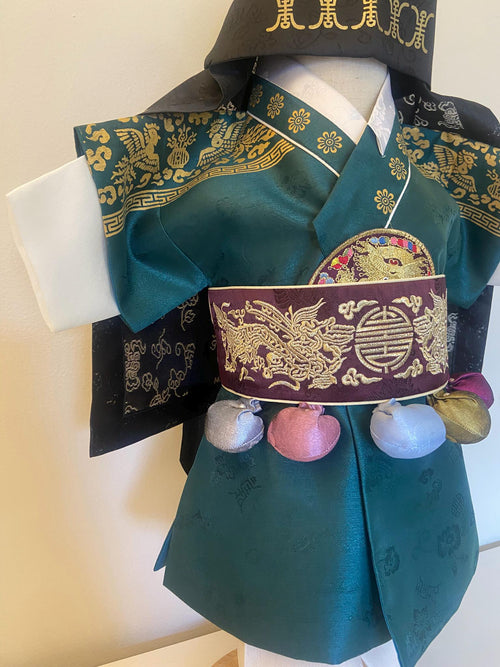 Boy G Hanbok Rental | Green & Gold 100 Days Outfit | Baby Boy Baekil Hanbok | Royal Traditional Hanbok Rental | Boy Hanbok Set | Size 0
