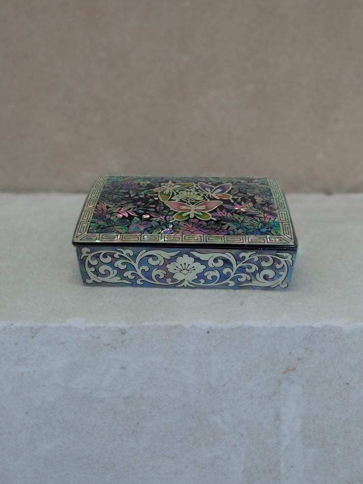 Mother of Pearl Jewelry Box, Korean Lacquer Box, Handmade Shell Inlay Trinket Box, Traditional Korean Gift, Butterfly Design | Gift Wrap