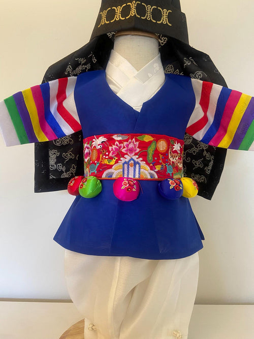Boy I Hanbok Rental | Blue Saekdong Sleeve Hanbok | Baekil Hanbok | Size 0