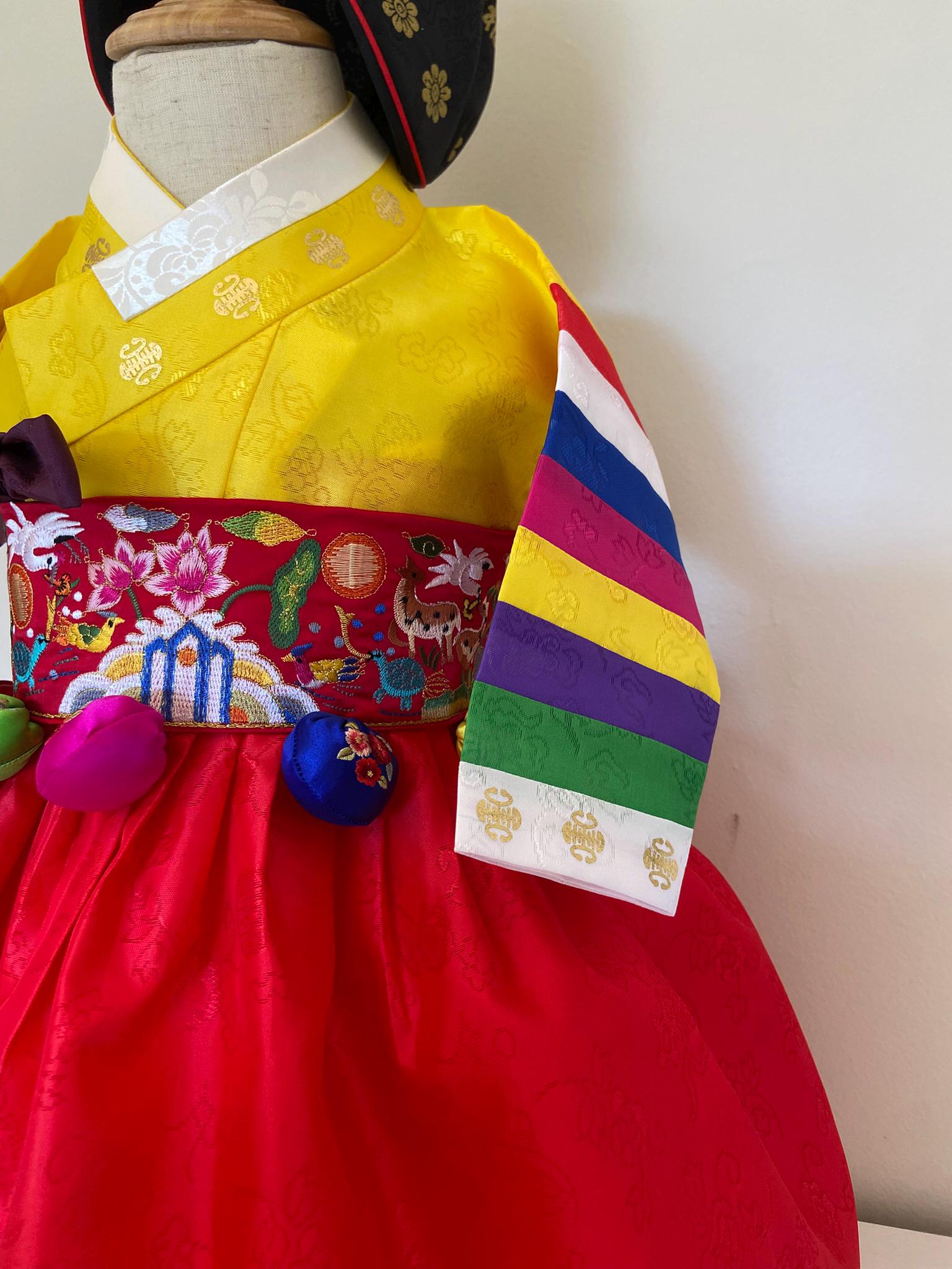 Girl P Hanbok Rental | Rainbow Sleeve Korean First Birthday Hanbok | Red & Yellow Doljanchi Outfit | Baby Hanbok Rental | Size 1