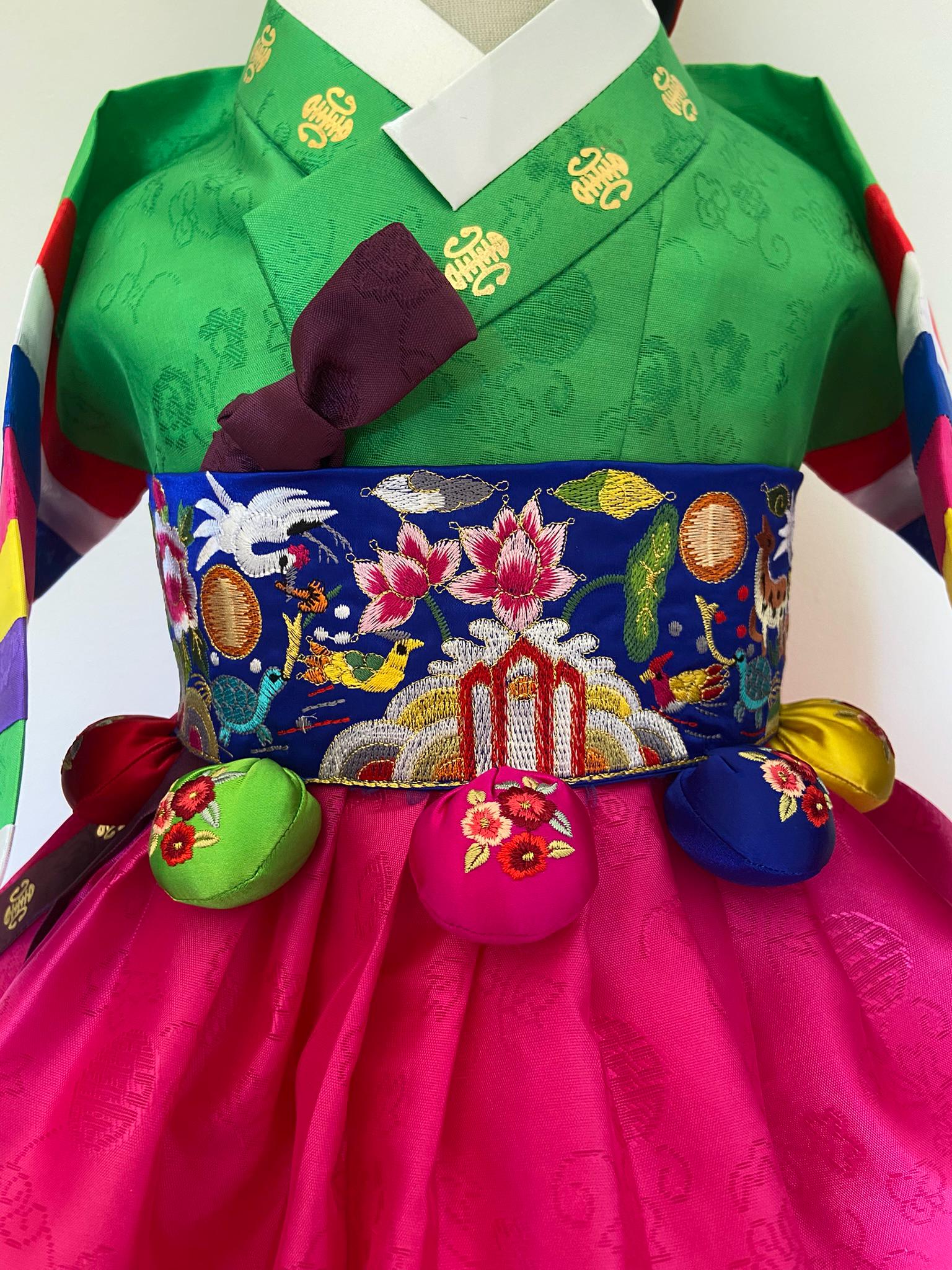 Girl H Hanbok Rental | Green & Hot Pink Korean 100 Days Hanbok | Saekdong Korean Baby Outfit | Traditional Hanbok Rental | Size 100